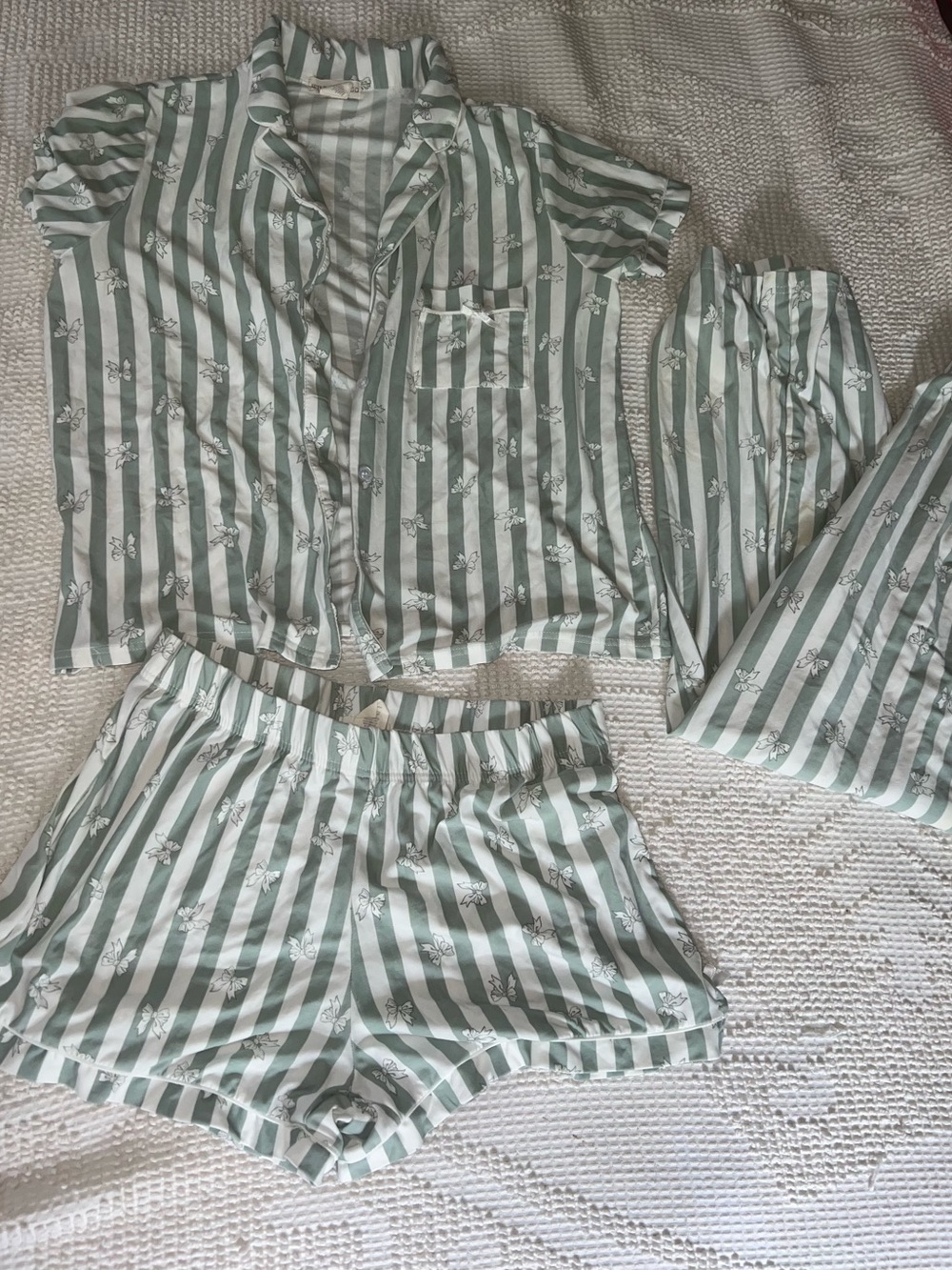 New Green & White Striped Women’s Pajama Set - Short Sleeve Top & Shorts pants